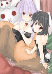 Rule 34 | 2girls, :x, animal ears, areola slip, ass, bare shoulders, black hair, breasts, bursting breasts, detached collar, female focus, flat chest, highres, inaba tewi, large breasts, leotard, light purple hair, long hair, looking at viewer, multiple girls, pantyhose, playboy bunny, rabbit ears, rabbit girl, rabbit tail, red eyes, reisen udongein inaba, short hair, sitting, stuffed animal, stuffed rabbit, stuffed toy, tail, tomuman, touhou, very long hair, wrist cuffs