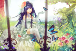 Rule 34 | 123456 (1322881), 1girl, absurdres, bad id, bad pixiv id, bare shoulders, blue eyes, bracelet, bug, buttefly, butterfly, butterfly on hand, choker, detached collar, dress, elbow gloves, flower, flower bracelet, gloves, grass, hair flower, hair ornament, highres, insect, jewelry, lace, lace-trimmed legwear, lace trim, long hair, looking at viewer, nature, original, purple hair, sitting, sleeveless, sleeveless dress, smile, solo, thighhighs, veil, wedding dress, white dress, white gloves, white thighhighs