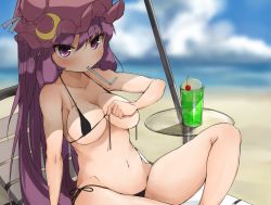 Rule 34 | 1girl, absurdres, beach, bendy straw, bikini, blurry, breasts, chair, cleavage, collarbone, day, depth of field, drinking straw, flanvia, food, front-tie bikini top, front-tie top, hat, highres, ice cream, leg up, long hair, looking at viewer, lounge chair, medium breasts, micro bikini, mouth hold, navel, outdoors, patchouli knowledge, purple eyes, purple hair, side-tie bikini bottom, skindentation, solo, strap gap, swimsuit, touhou, untied bikini, very long hair