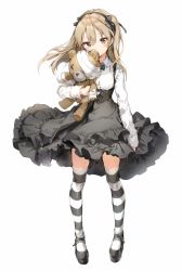 Rule 34 | 10s, 1girl, anmi, black ribbon, blush, brown eyes, brown hair, covered mouth, dress, full body, girls und panzer, hair ribbon, hairband, highres, long hair, long sleeves, looking at viewer, ribbon, shimada arisu, simple background, solo, standing, striped clothes, striped thighhighs, stuffed animal, stuffed toy, teddy bear, thighhighs, twintails, two side up, vertical stripes, zettai ryouiki
