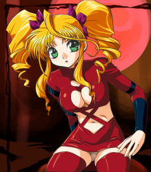 Rule 34 | 1990s (style), 1girl, ahoge, blonde hair, breasts, cleavage, cleavage cutout, clothing cutout, drill hair, full moon, green eyes, haruyama kazunori, moon, panties, pantyshot, parted bangs, red moon, red skirt, red thighhighs, retro artstyle, shamanic princess, sidelocks, skirt, solo, thighhighs, tiara (shamanic princess), twin drills, twintails, underwear, upskirt