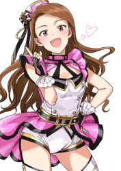 Rule 34 | 1girl, :d, breasts, brown hair, cleavage, collar, contrapposto, cowboy shot, fingerless gloves, floating hair, gloves, gold trim, hat, heart, highres, idolmaster, idolmaster (classic), long hair, looking at viewer, minase iori, open mouth, red eyes, short shorts, shorts, simple background, small breasts, smile, solo, standing, thighhighs, top! clover, tsurui, very long hair, white background, white shorts, white thighhighs, zettai ryouiki