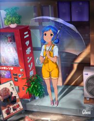 Rule 34 | 1girl, absurdres, alexi ansell, blue eyes, blue hair, building, dated, double bun, hair bun, highres, holding, holding umbrella, huge filesize, leaf, original, overall shorts, overalls, pink footwear, plant, shadow, shirt, shoes, short sleeves, signature, solo, standing, transparent, transparent umbrella, umbrella, vending machine, white shirt, wide shot, yellow overalls