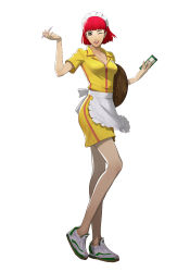 Rule 34 | 1girl, apron, blunt bangs, breasts, catherine (game), cleavage, earrings, erica anderson, full body, holding, holding pen, jewelry, large breasts, mole, no socks, official art, pantyhose, pen, red hair, shoes, short hair, simple background, smile, sneakers, soejima shigenori, solo, standing, standing on one leg, waist apron, waitress, white background
