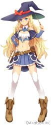 Rule 34 | 1girl, bare shoulders, belt, blonde hair, blue eyes, blush, book, boots, bow, dennou pandemic, frills, full body, hand on own hip, hat, highres, long hair, looking at viewer, midriff, navel, pleated skirt, prime, ribbon, simple background, skirt, smile, solo, thighhighs, wand, white background, white thighhighs, witch hat
