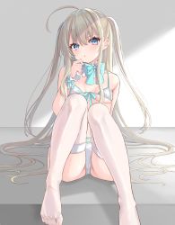 Rule 34 | 1girl, :o, ahoge, aqua bow, aqua bowtie, blonde hair, blue eyes, blush, bow, bowtie, bra, breasts, cameltoe, covered erect nipples, feet, front-tie top, hair between eyes, hand up, hayashi takeo, highres, knees together feet apart, knees up, lingerie, long hair, looking at viewer, original, panties, shiny clothes, shiny legwear, sidelocks, small breasts, solo, string bra, thighhighs, two side up, underboob, underwear, underwear only, very long hair, white bra, white panties, white thighhighs, wrist bow