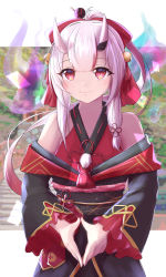 Rule 34 | 1girl, absurdres, alternate hairstyle, bare shoulders, black kimono, bow, closed mouth, gradient hair, hair bow, hair ornament, hairpin, highres, hilamaru, hololive, horns, japanese clothes, kimono, light blush, long hair, looking at viewer, multicolored hair, nakiri ayame, nakiri ayame (1st costume), obi, off shoulder, oni, ponytail, red eyes, red hair, sash, silver hair, skin-covered horns, smile, solo, streaked hair, virtual youtuber