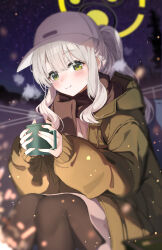 Rule 34 | 1girl, absurdres, black pantyhose, black scarf, blue archive, blush, closed mouth, cup, feet out of frame, fingernails, green eyes, green halo, green jacket, grey hair, halo, hare (blue archive), hare (camp) (blue archive), hat, highres, holding, holding cup, hood, hooded jacket, jacket, long hair, long sleeves, official alternate costume, open clothes, open jacket, pantyhose, pomegranate nana, ponytail, scarf, smile, solo, white hat