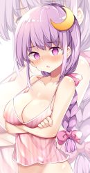 Rule 34 | 1girl, absurdres, alternate hairstyle, bare arms, bare shoulders, blush, bow, braid, braided ponytail, breasts, camisole, cleavage, crescent, crescent hair ornament, hair bow, hair ornament, highres, large breasts, long hair, looking at viewer, maturiuta sorato, patchouli knowledge, pink bow, purple eyes, purple hair, sidelocks, single braid, solo, striped, touhou, upper body, zoom layer