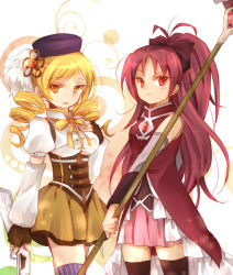 Rule 34 | 10s, 2girls, bare shoulders, beret, blonde hair, breasts, brown legwear, corset, detached sleeves, drill hair, fingerless gloves, gloves, gun, hair ornament, hair ribbon, hairpin, hat, long hair, magical girl, magical musket, mahou shoujo madoka magica, mahou shoujo madoka magica (anime), multiple girls, pleated skirt, polearm, ponytail, puffy sleeves, red eyes, red hair, ribbon, rifle, sakura kyoko, skirt, small breasts, spear, staff, striped clothes, striped thighhighs, thighhighs, tomoe mami, twin drills, twintails, vertical-striped clothes, vertical-striped thighhighs, weapon, yellow eyes, yuno (peppermintut), zettai ryouiki