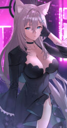 Rule 34 | 1girl, aged up, animal ear fluff, animal ears, black dress, blue archive, blue eyes, breasts, broken halo, cleavage, collarbone, cross hair ornament, deras, dress, extra ears, grey hair, hair ornament, halo, highres, large breasts, long hair, long sleeves, looking at viewer, shiroko (blue archive), shiroko terror (blue archive), solo, thighs, wolf ears