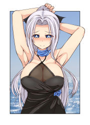 Rule 34 | 1girl, armpits, arms up, azur lane, black dress, blue eyes, blue scarf, blush, breasts, cleavage, closed mouth, dress, dress flower, hair ribbon, highres, imagawa akira, large breasts, long hair, looking at viewer, ocean, parted bangs, photo background, ponytail, ribbon, scarf, see-through, silver hair, sleeveless, sleeveless dress, smile, solo, upper body, yorktown (azur lane), yorktown (evening i can&#039;t remember) (azur lane)