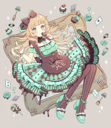 Rule 34 | 1girl, alice (alice in wonderland), alice in wonderland, ankle strap, apron, argyle, blonde hair, blunt bangs, bow, card, center frills, chocolate syrup, closed mouth, club (shape), cookie, detached collar, dress, eat me, flower, food, fork, frills, green eyes, green flower, hair bow, heart, heart-shaped food, high collar, highres, holding, holding food, hoshifuru akiyo, key, layered dress, light smile, lock, lolita fashion, long hair, medium dress, mint chocolate, multicolored clothes, multicolored dress, neck ribbon, original, pantyhose, petals, petticoat, picture frame, playing card, print pantyhose, ribbon, rose, smile, solo, spade (shape), sparkle, spoon, strapless, strapless dress, strappy heels, striped clothes, striped pantyhose, sweets, two-tone dress, wrist cuffs