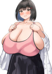 Rule 34 | 1girl, absurdres, black hair, black skirt, blue hair, blush, bob cut, borrowed character, bra, breasts, brown eyes, cleavage, collarbone, colored inner hair, commentary request, dawn (chomikuplus), gigantic breasts, hair ornament, hairclip, highres, long sleeves, looking at viewer, multicolored hair, neneneji, open mouth, original, pink bra, pleated skirt, shirt, short hair, simple background, skindentation, skirt, solo, standing, two-tone hair, underwear, white background, white shirt