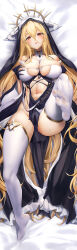 Rule 34 | 1girl, absurdres, azur lane, bare shoulders, bed sheet, between breasts, black gloves, blonde hair, blush, breasts, cleavage, clothing cutout, commission, cross, dakimakura (medium), fake horns, feet, gloves, gold trim, grabbing own breast, habit, hair between eyes, halo, highres, horns, implacable (azur lane), large breasts, linea alba, long hair, looking at viewer, lying, navel, no shoes, nun, on back, orange eyes, pelvic curtain, revealing clothes, skindentation, solo, spread pussy under clothes, thighhighs, toes, tongue, tongue out, veil, very long hair, white thighhighs, wide sleeves, xfate
