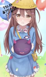 Rule 34 | 1girl, bad id, bad twitter id, bag, balloon, blouse, blue shirt, blush, brown eyes, brown hair, character request, collared shirt, commentary request, eyebrows hidden by hair, frilled shirt, frills, hair between eyes, hair ornament, hairclip, hat, highres, hugging object, idolmaster, kindergarten bag, kindergarten uniform, long sleeves, looking at viewer, osaki tenka, parted lips, school hat, shirt, shiwa (siwaa0419), shoulder bag, solo, translation request, two side up, yellow hat