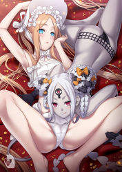 Rule 34 | 2girls, abigail williams (fate), abigail williams (swimsuit foreigner) (fate), armpits, ass, back, bad id, bad pixiv id, bare shoulders, bikini, black bikini, black bow, blonde hair, blue eyes, bonnet, bow, braid, breasts, colored skin, double bun, dual persona, fate (series), forehead, grey skin, hair bow, hair bun, hair rings, hat, highres, keyhole, licking lips, long hair, m legs, micro bikini, miniskirt, multiple bows, multiple girls, open mouth, orange bow, parted bangs, pink eyes, sidelocks, skirt, small breasts, smile, spread legs, swimsuit, thighs, third eye, tongue, tongue out, twin braids, twintails, very long hair, white bikini, white bow, white hair, white headwear, white skin, zaregoto tsukai no deshi