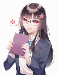 Rule 34 | 1girl, black jacket, black skirt, blazer, blue ribbon, brown hair, closed mouth, collared shirt, glasses, hair ornament, hairclip, highres, holding, holding paper, honkai: star rail, honkai (series), jacket, long hair, looking at viewer, neck ribbon, open clothes, open jacket, paper, pink eyes, pleated skirt, ribbon, school uniform, shirt, simple background, skirt, smile, solo, sparkle (honkai: star rail), straight hair, upper body, white background, white shirt, yutsuki (pixiv40202660)