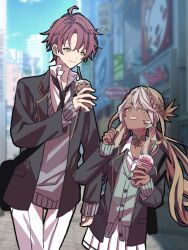 Rule 34 | 1boy, 1girl, andromeda (fate), black jacket, black necktie, brown hair, city, collared shirt, cup, dark-skinned female, dark skin, fate/grand order, fate/prototype, fate (series), green eyes, green shirt, grey sweater, hair ornament, holding, holding cup, husband and wife, jacket, long hair, long sleeves, medium hair, multicolored hair, necktie, pants, parted lips, perseus (fate), red hair, shirt, skirt, smile, sweater, white hair, white pants, white shirt, white skirt, yawa 83, yellow trim