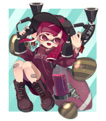 Rule 34 | 1girl, absurdres, american football (object), artist name, ball, bandaid, bandaid on knee, bandaid on leg, bike shorts, black shorts, blunt bangs, blunt ends, boots, clam shell, colored tongue, commentary, dual wielding, fang, fangs, floating, highres, holding, ink tank (splatoon), inkling, inkling (language), inkling girl, inkling player character, knees up, long hair, long sleeves, looking at viewer, nintendo, open mouth, pointy ears, print shirt, purple eyes, purple footwear, purple hair, purple shirt, purple tongue, sahata saba, shirt, shorts, signature, single vertical stripe, skin fang, smile, solo, splat dualies (splatoon), splatoon (series), splatoon 2, straight-laced footwear, tentacle hair