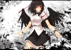 Rule 34 | 1girl, arms at sides, bad id, bad pixiv id, belt, bird wings, black bow, black bowtie, black hair, black skirt, black wings, bow, bowtie, breasts, cibo (killy), closed mouth, cowboy shot, dress shirt, feathered wings, feathers, frills, hat, leaf, looking at viewer, maple leaf, medium breasts, miniskirt, out of frame, puffy short sleeves, puffy sleeves, red eyes, shameimaru aya, shirt, shoot the bullet, short sleeves, sideways glance, skirt, solo, tokin hat, touhou, white shirt, wings, wristband