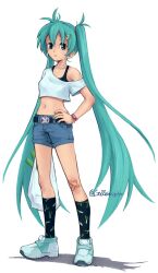 Rule 34 | 1girl, absurdres, aqua eyes, aqua hair, aqua nails, bag, bandaid, bandaid on knee, bandaid on leg, black tank top, bracelet, breasts, casual, commentary, crop top, denim, denim shorts, english commentary, expressionless, eyebrows hidden by hair, food-themed hair ornament, full body, grocery bag, hair ornament, hand on own hip, hatsune miku, highres, holding, holding bag, jewelry, long hair, midriff, navel, necklace, off-shoulder shirt, off shoulder, shirt, shoes, shopping bag, short shorts, shorts, signature, small breasts, sneakers, snoozincopter, solo, spring onion, spring onion hair ornament, tank top, twintails, twitter username, very long hair, vocaloid