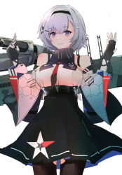 Rule 34 | 1girl, absurdres, arms up, azur lane, bare shoulders, black gloves, black pantyhose, black ribbon, blush, breasts, dress, fingerless gloves, gloves, grey hair, hair between eyes, hair ornament, hairband, hairclip, highres, hinaname, large breasts, looking at viewer, machinery, md5 mismatch, necktie, pantyhose, purple eyes, red necktie, reno (azur lane), resolution mismatch, ribbon, short hair, simple background, skirt, sleeveless, smile, solo, source smaller, underboob, white background