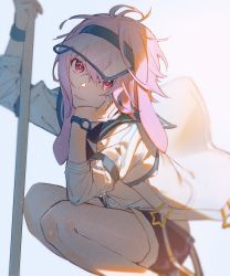Rule 34 | 1boy, ansel (arknights), arknights, black shorts, closed mouth, highres, holding, long sleeves, looking at viewer, male focus, mirin chikuwa, official alternate costume, pink eyes, pink hair, shirt, shorts, solo, squatting, trap, visor cap, watch, white shirt, wristwatch