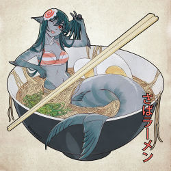 Rule 34 | 1girl, ;p, artist name, bowl, bra, breasts, chopsticks, collarbone, colored skin, commentary, egg, egg (food), english commentary, fins, food, full body, green hair, grey skin, hair between eyes, hair ornament, hand in own hair, hardboiled egg, head fins, head tilt, highres, in bowl, in container, in food, long hair, looking at viewer, medium breasts, mermaid, mini person, minigirl, monster girl, multicolored skin, nana nakano, navel, noodles, one eye closed, original, ramen, red eyes, smile, solo, striped bra, striped clothes, tongue, tongue out, translation request, underwear, w