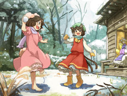 Rule 34 | 3girls, animal ears, barefoot, blonde hair, blush stickers, boots, brown eyes, building, rabbit ears, rabbit tail, cat ears, cat girl, cat tail, chen, dress, fang, female focus, fox tail, grass, green scarf, hands in opposite sleeves, hat, holding, house, inaba tewi, looking at another, mittens, multiple girls, multiple tails, open mouth, pink dress, purple scarf, scarf, shibasaki shouji, short hair, sitting, skirt, skirt set, smile, snow, snow boots, snowball, stone, tabard, tail, touhou, tree, yakumo ran, yellow eyes, yellow footwear