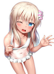 Rule 34 | 1girl, ;d, absurdres, alternate costume, bare arms, bare shoulders, bikini, bikini tug, blue eyes, blush, breasts, collarbone, day, flower, frilled bikini, frills, groin, hair between eyes, hair flower, hair ornament, hands up, head tilt, highres, kantai collection, light brown hair, long hair, looking at viewer, navel, nedia (nedia region), one-piece tan, one eye closed, open mouth, ro-500 (kancolle), sidelocks, simple background, sitting, small breasts, smile, solo, swimsuit, tan, tanline, very long hair, white background, white bikini