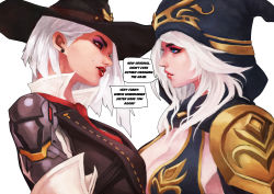 Rule 34 | 2girls, absurdres, ashe (league of legends), ashe (overwatch), asymmetrical hair, blue eyes, breast press, breasts, cleavage, commentary, confrontation, cowboy hat, crossover, english commentary, english text, eye contact, eyelashes, eyeshadow, hat, head tilt, high collar, highres, hood, league of legends, lips, lipstick, look-alike, looking at another, makeup, medium hair, mole, mole above mouth, monori rogue, multiple girls, name connection, nose, overwatch, overwatch 1, pauldrons, red eyes, shoulder armor, single pauldron, symmetrical docking, white hair