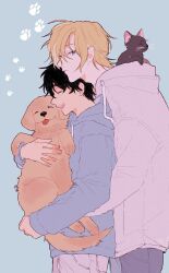 2boys a_co_pi animal ash_lynx banana_fish black_hair blonde_hair blue_background blue_eyes blue_hoodie cat closed_eyes closed_mouth dog grey_pants holding holding_animal holding_dog hood hoodie laughing male_focus multiple_boys okumura_eiji open_mouth pants short_hair white_hoodie white_pants yaoi