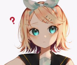 Rule 34 | 1girl, ?, aqua eyes, black shirt, blonde hair, bow, bow hairband, closed mouth, commentary, hair bow, hair ornament, hairband, hairclip, highres, kagamine rin, looking at viewer, portrait, shirt, short hair, simple background, sleeveless, sleeveless shirt, solo, swept bangs, vocaloid, vptku, white background, white bow, white hairband
