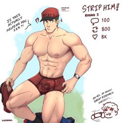Rule 34 | 1boy, abs, artist name, bara, brown hair, bulge, courier (pokemon), creatures (company), denim, english text, enzobara, erection, erection under clothes, game freak, green eyes, hat, highres, jeans, large pectorals, looking to the side, male focus, male underwear, manly, mature male, meme, muscular, muscular male, navel, navel hair, nintendo, nipples, pants, pectorals, pokemon, pokemon sv, shirt, short hair, simple background, socks, solo, speech bubble, thick arms, thick eyebrows, thick thighs, thighs, underwear, unworn shirt, watch, white background