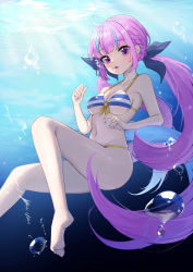 Rule 34 | 1girl, ahoge, air bubble, aqua hair, barefoot, bikini, blue bikini, blue ribbon, braid, breasts, bubble, cleavage, colored inner hair, commentary, day, floating, front-tie bikini top, front-tie top, hair ribbon, halterneck, highres, hololive, knee up, long hair, looking at viewer, mansu (user pnmp4287), medium breasts, minato aqua, minato aqua (hololive summer 2019), multicolored hair, navel, open mouth, ponytail, purple eyes, purple hair, ribbon, sidelocks, skindentation, solo, streaked hair, string bikini, striped bikini, striped clothes, submerged, sunlight, swimsuit, two-tone hair, underwater, very long hair, virtual youtuber, water