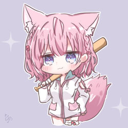 Rule 34 | 1girl, :3, absurdres, animal ear fluff, animal ears, baseball bat, blue eyes, blush, braid, chibi, closed mouth, commentary request, cowboy shot, grey background, hair between eyes, hakui koyori, hakui koyori (summer), hand on own hip, hand up, highres, holding, holding baseball bat, hololive, hood, hood down, hooded jacket, jacket, long sleeves, looking at viewer, medium hair, official alternate costume, pink hair, signature, simple background, smile, solo, sparkle, tail, twin braids, utuigawa, v-shaped eyebrows, virtual youtuber, white jacket, wolf ears, wolf tail