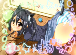 Rule 34 | 1girl, :3, all fours, animal ears, ass, blazer, blush, brown eyes, cat ears, cat tail, fake animal ears, headband, indoors, jacket, k-on!, nakano azusa, panties, skirt, solo, striped clothes, striped panties, tail, thighhighs, top-down bottom-up, underwear