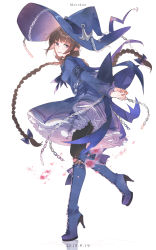 Rule 34 | 1girl, anchor, anchor print, anchor symbol, armband, back bow, blue dress, blue eyes, blue footwear, blue hat, blue neckerchief, blue sailor collar, boots, bow, braid, brown hair, chain, dress, fish, frilled dress, frills, funamusea, hat, high heel boots, high heels, highres, long hair, long sleeves, maou skun, neckerchief, oounabara to wadanohara, pantyhose, pointy ears, sailor collar, simple background, sleeve cuffs, solo, thigh boots, thighhighs, translucent, twin braids, very long hair, wadanohara, white background, witch hat