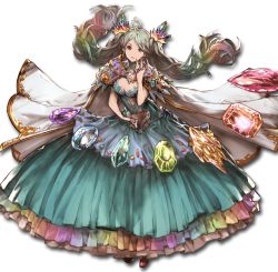 Rule 34 | 10s, 1girl, breasts, cape, cleavage, de la fille, dress, earrings, frills, full body, gem, granblue fantasy, green hair, hair ornament, jewelry, long hair, looking at viewer, minaba hideo, multicolored hair, official art, ring, solo, transparent background, twintails