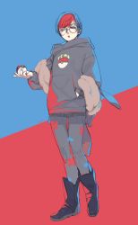 Rule 34 | 1girl, absurdres, black footwear, blue hair, boots, commentary request, creatures (company), full body, game freak, glasses, grey eyes, grey hoodie, grey pantyhose, hand in pocket, highres, holding, holding poke ball, hood, hoodie, l 1753ucon, multicolored hair, nintendo, pantyhose, pantyhose under shorts, parted lips, penny (pokemon), poke ball, poke ball (basic), poke ball print, pokemon, pokemon sv, print pantyhose, red hair, round eyewear, see-through, see-through skirt, shorts, shorts under skirt, skirt, solo, standing, two-tone hair