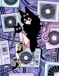 Rule 34 | 1girl, :3, air conditioner, animal ears, black footwear, black hair, black shirt, blush stickers, bright pupils, cable, cat ears, cat girl, cat tail, closed mouth, commentary request, creature, dot mouth, extra ears, fish bone, flower, flower pot, foot up, full body, garouma, highres, holding, long hair, long sleeves, loose socks, original, pink skirt, plant, potted plant, purple eyes, purple theme, shirt, shoes, signature, sitting, skirt, sleeves past wrists, sneakers, socks, solo, suction cups, tail, tentacles, wavy hair, white pupils, white socks