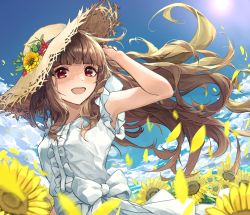 Rule 34 | 1girl, :d, armpits, arms up, blunt bangs, brown hair, cloud, dress, flower, hat, highres, idolmaster, idolmaster cinderella girls, kamiya nao, long hair, looking at viewer, open mouth, outdoors, petals, red eyes, shino sto, sky, smile, solo, straw hat, sun, sundress, sunflower, teeth, thick eyebrows, upper teeth only, wind