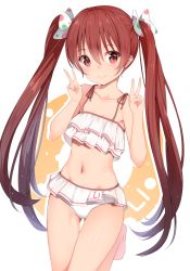 Rule 34 | 10s, 1girl, bikini, brown eyes, brown hair, dark-skinned female, dark skin, double v, gin00, hair ornament, hair ribbon, highres, kantai collection, libeccio (kancolle), long hair, navel, ribbon, simple background, smile, solo, standing, swimsuit, twintails, v, white background, white bikini