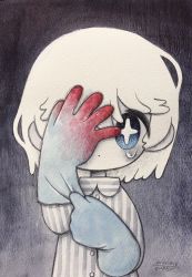 Rule 34 | + +, 1girl, black background, blood, blood on clothes, blood on gloves, blue eyes, blue gloves, bright pupils, collared shirt, dated, expressionless, gloves, gradient background, grey background, highres, one eye covered, original, shirt, signature, solo, striped clothes, striped shirt, teeth, upper teeth only, white pupils, zukky000