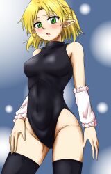 Rule 34 | 1girl, arm warmers, bare shoulders, black leotard, black thighhighs, blonde hair, blush, commentary request, covered navel, cowboy shot, d-m (dii emu), embarrassed, green eyes, hand on own leg, heattech leotard, highleg, highleg leotard, highres, leotard, looking at viewer, mizuhashi parsee, open mouth, pointy ears, short hair, sleeveless turtleneck leotard, solo, standing, thighhighs, touhou, turtleneck