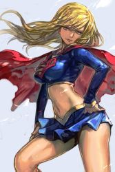 Rule 34 | 1girl, blonde hair, blue background, blue eyes, breasts, cape, contrapposto, cowboy shot, crop top, dc comics, hand on own hip, hungry clicker, large breasts, legs, long hair, midriff, miniskirt, navel, red cape, simple background, skirt, smile, solo, standing, supergirl, superhero costume, superman (series), thighs, wind, wind lift