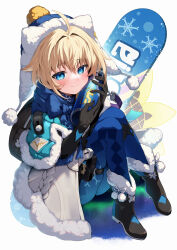 Rule 34 | 1girl, black bag, black footwear, black gloves, blonde hair, blue capelet, blue eyes, blue hat, blue pantyhose, blue scarf, boots, capelet, closed mouth, coat, commentary request, full body, fur-trimmed boots, fur-trimmed capelet, fur-trimmed coat, fur-trimmed headwear, fur trim, gloves, grey coat, hat, highres, holding thermos, honkai: star rail, honkai (series), knees up, looking at viewer, lynx landau, nakabayashi zun, pantyhose, pouch, scarf, short hair, simple background, sitting, smile, snowboard, solo, thermos, thigh pouch, white background