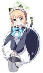 Rule 34 | 1girl, animal ear headphones, animal ears, apron, black dress, blonde hair, blue archive, blush, bucket, closed mouth, dress, fake animal ears, green eyes, green halo, halo, haru (konomi 150), headphones, highres, holding, holding bucket, long sleeves, looking at viewer, maid, maid apron, maid headdress, midori (blue archive), official alternate costume, short hair, simple background, solo, white apron, white background