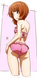 Rule 34 | 1girl, :o, ass, bikini, breasts, brown eyes, brown hair, commentary request, corrupted twitter file, erakin, frilled bikini, frills, from behind, girls und panzer, highres, looking at viewer, medium hair, nishizumi miho, open mouth, outside border, pink bikini, shoulder blades, sidelocks, small breasts, solo, standing, swimsuit, thighs